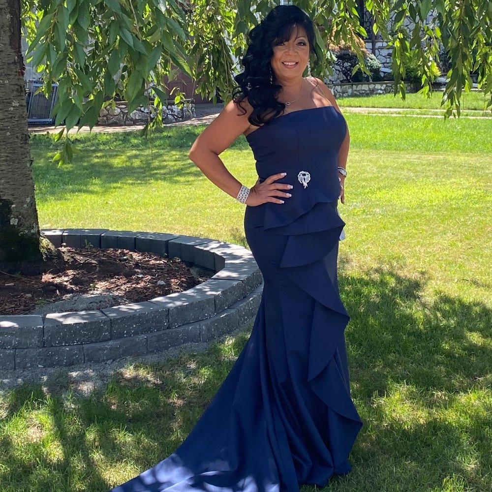 Strapless Peplum Ruffle Navy John Paul Ataker Gown